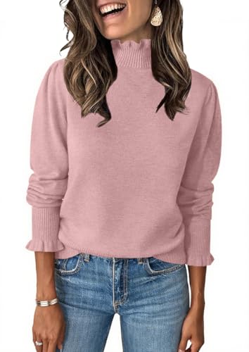 Image of Womens Ruffle Mock Neck Sweater Puff Long Sleeve Fall Trendy Pullover Tops | Fall Winter Clothes, Soft, Business Casual Outfits, Trendy Fashion, Knitted Shirts
