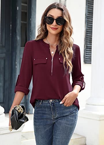 Image of Bulotus 3 /4 Length Sleeve Womens Striped Tops Zipper V Neck Collared Blouses Business Casual Tunics 2026 Spring Trendy