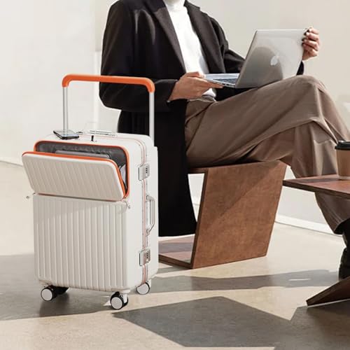 20" Aluminum Frame PC Hard Shell Spinner Suitcase for Travel, Cabin Luggage Airline Certified, 360° Spinner, TSA Lock, Cup and Phone Holder, USB Charging Port, Sky Blue (White, 20 in)3