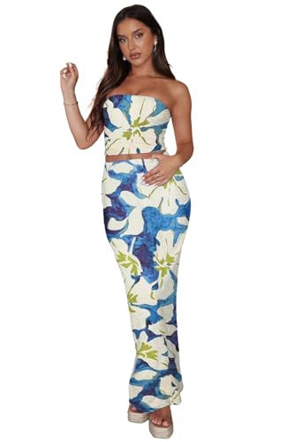 Image of Two Piece Dress Outfits for Women Sleeveless Tube Tops Bodycon Maxi Dress Summer Strapless Crop Top Sexy Suits Set