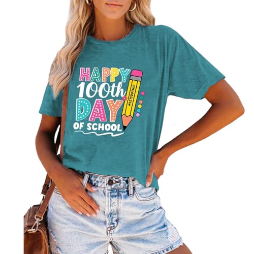 Image of 100th Day of School Shirt for Women Teacher Graphic T-Shirt Funny Teach Short Sleeve Tee Tops