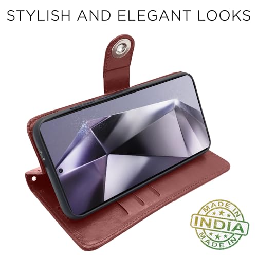 Image of Pikkme Samsung Galaxy S24 Ultra 5G Flip Cover Leather Finish | Inside TPU with Card Pockets | Wallet Stand and Shock Proof | Complete Protection Button Flip Case (Brown)