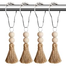 Boho Shower Curtain Hooks Rings Rustproof, CHICTIE Nautical Decorative Shower Curtain Rings with Handmade Wood Beads Tassel, Farmhouse Home Bathroom Bedroom Baby Room Decor Set of 12 Natural Jute