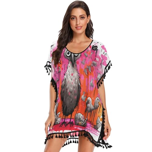Pink Koala Ostriches Heart Women's Beach Cover Up Chiffon Tassel Swimwear Swimsuit Coverups for Girl
