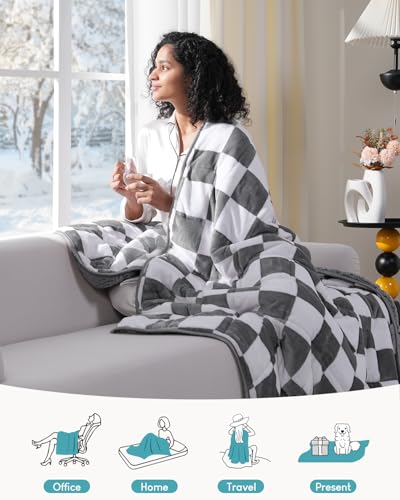 Image of Sherpa Weighted Blanket for Adults Queen Size 15 lbs, Dual Sided Heavy Blankets with Checkerboard Pattern, Ultra Soft Cozy Throw Blanket for Calming and Sleep, Plaid Grey, 48 inch x 72 inch