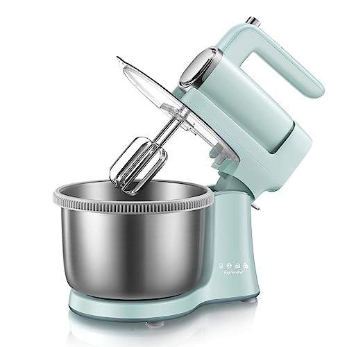 2 in 1 Twin Handheld Stand Mixer Electric Food Mixer Machine 9 Speed Cake Stand Mixer with 4L Stainless Steel Bowl, 2 x Whisk Beaters, 2 x Dough Hooks for Kitchen Baking Wheaten Food, Salad, Cake 300W