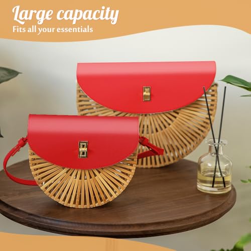 Image of Handwoven Bamboo Bag Summer Straw Purse Crossbody Bags for Women Natural Handmade Beach Bamboo Purse with Leather Strap