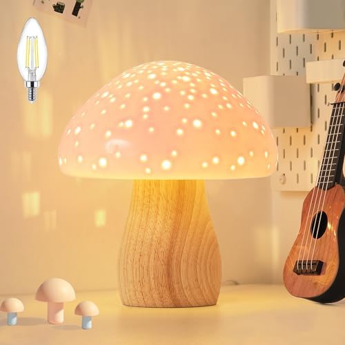 BOHON Mushroom Lamp, Ceramic Bedside Table Lamp for Bedroom Nightstand, Vintage Cute Night Light, Small Lamp for Living Room Kids Desk Home Decor Girl...