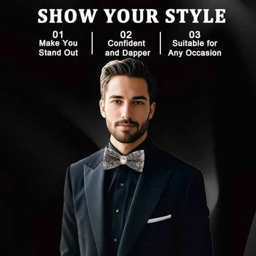 Image of Mens Rhinestone Bow Tie Pre-Tied Bow Ties for Men Adjustable Sparkle Sequin Bowtie Party Wedding