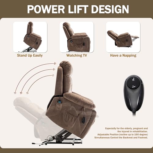 Oversized Power Lift Recliner Chair for Elderly with Massage Heat, Brown Velvet Electric Lay Flat Recliners with Cup Holders, Side Pockets, Infinite Position, Gift for Family