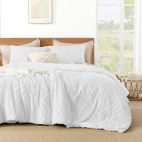 Image of Litanika Boho Queen Comforter Set, 3 Pcs White Lightweight Bedding Set