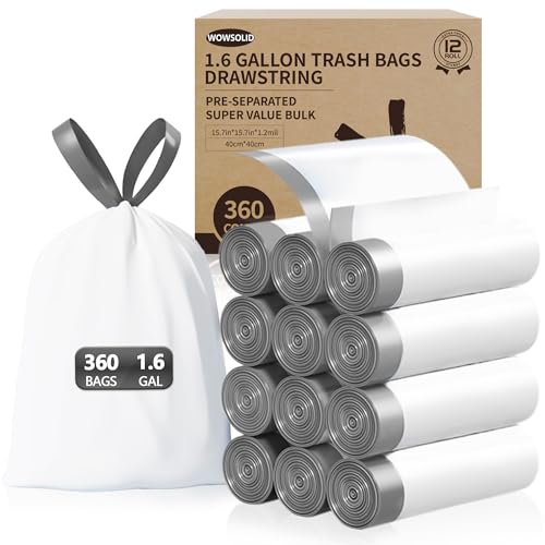 Image of 360 Count 1.6 Gallon Mini Drawstring Trash Bags, 1.2 Mil Thick Small Garbage Bags by WOWSOLID, Fit Liners 4.5-8 Liter, 1.2-2 Gal, Trash Can Bin for Bathroom, Kitchen, Bedroom, Office