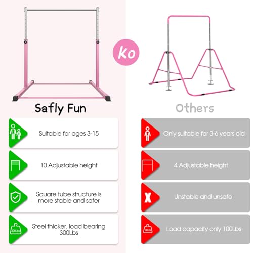 Safly Fun Gymnastics Bar for Kids Ages 3-15 | Sturdy Steel Home Gym, Adjustable Height (3 to 5 ft) with Anti-Slip Base, Easy Assembly