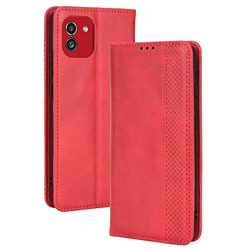 Custodia per Samsung Galaxy A03 6.5 Inches Flip Folio Cover con Interruttore Magnetico 3 Slot Schede 1 Portafoglio Case - pelle sintetica rosso