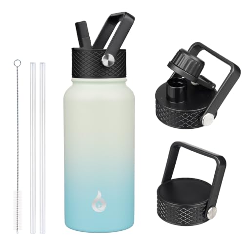 Image of BJPKPK Insulated Water Bottles with Straw Lid, 27oz Stainless Steel Water Bottle with 3 Lids, Leak Proof BPA Free Metal Thermo, Mugs, Tumblers, Keep Cold Hot -Mint