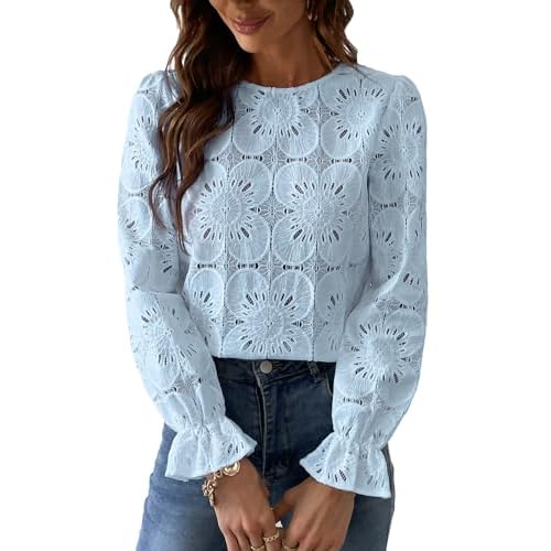CUPSHE Women Eyelet Long Sleeve Tops Shirts Dressy Hollow Out Crochet Lace Embroidered Blouses 2025 Fashion X-Small Blue