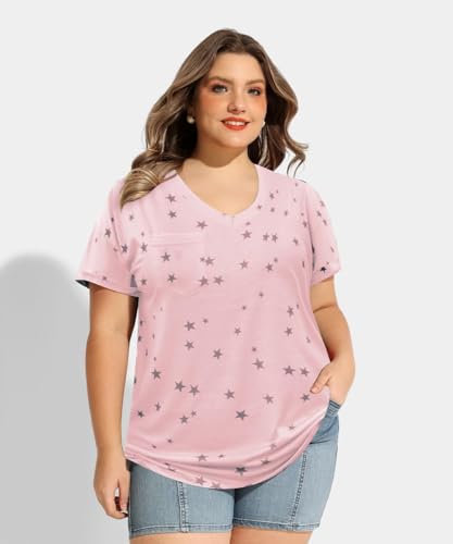 Image of TIYOMI Plus Size Tops for Women V Neck Tshirts Basic Tunic Casual Hawaii Floral Tie Dye Camo Summer Short Sleeve Tee XL-5XL