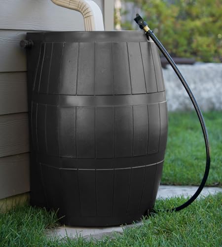 Image of FCMP Outdoor Rain Barrel, Flat-Back Rainwater Catcher with Spigots, 50 Gallon, Black - Portable Water Storage Container Tank for Home, Garden, and Backyard