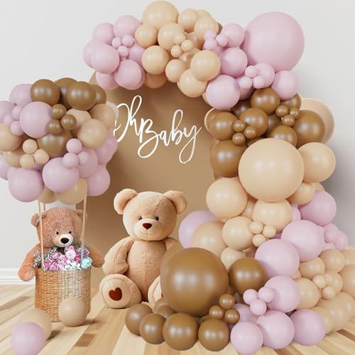 Teddy Bear theme Balloon Arch Kit Light Pink beige Tan and Brown Globos cream Ballon garland for Baby Shower Girl Decorations Gender Reveal Party Woodland Backdrop Supplies