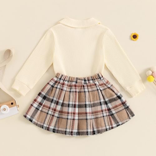 Image of BeQeuewll Fall Winter Toddler Baby Girl Clothes 2Pcs Long Sleeve Ribbed Knit Shirt Plaid Skirt 1T 2T 3T 4T 5T Girls Dress
