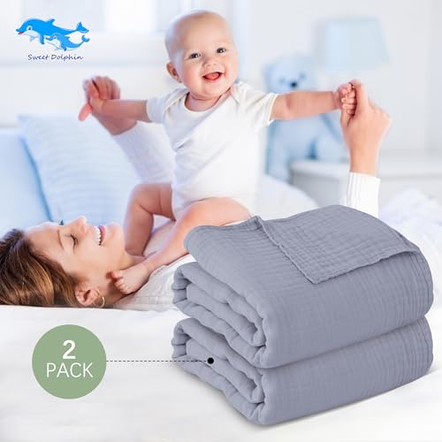 Image of SWEET DOLPHIN Muslin Baby Bath Towels Blanket - 2 Pack 100% Cotton Towel for Babies, Infants, Toddlers - 40x40Inch - Highly Absorbent, Grey