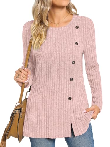 TAOHUADAO Women's Long Sleeve Jumpers Crewneck Tunic Tops with Button Sides Loose Casual Fall Sweater Shirts for Leggings L, Pink