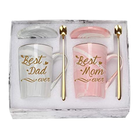 Best Mom and Dad Coffee Mugs Best Dad and Mom Mug Birthday Mothers Day Fathers Day Mugs for Mom Dad from Daughter Son New Parent Mug 14 Ounce Gift Box with Spoon and Mug Mat Pink and Gray Cover