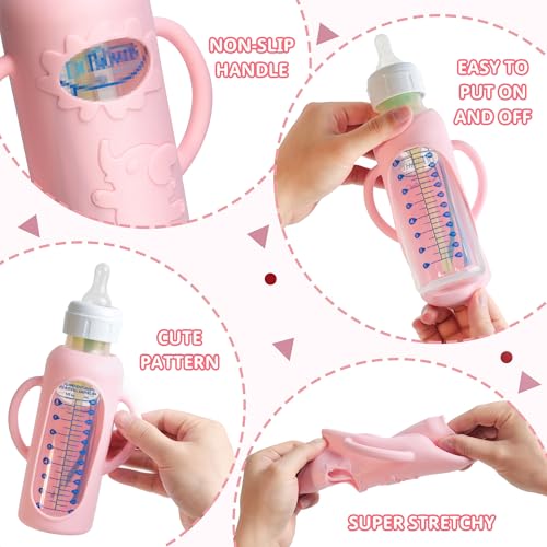 3 Pack Silicone Sleeves for Dr Brown Natural Glass Baby Bottles, Food Grade Anti Breakage Baby Bottle Holder with Handles and 3pcs Travel Bottle Caps (White+Pink+Grey, 8oz)
