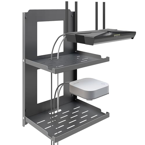 SKIKEN 2-Tier Router Shelf Wall Mount Foldable - 10 inch Metal Outlet Shelf w/Cable Holes | Dual-Layer Organize & Connect for Router and Modem & Smart Home Decor | Folds Up & Stackable (Medium)
