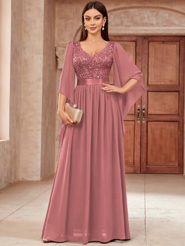 Image of Miusol Women's Deep-V Neck Lace Contrast Sequin Formal Evening Maxi Dress