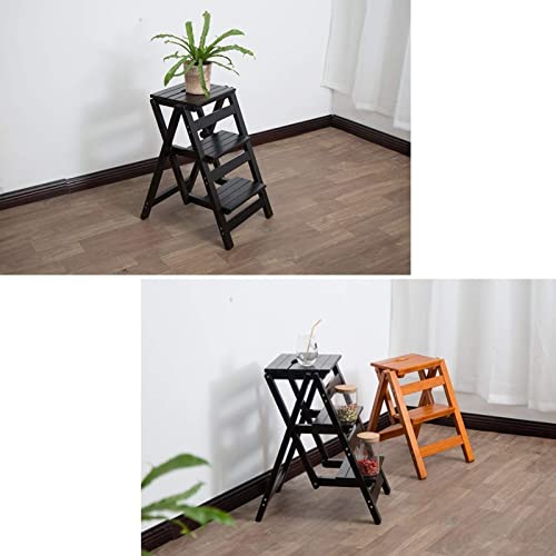 Taburete escalera de madera maciza natural plegable con 3 peldaños color negro 4