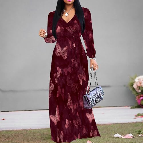 Image of PinkPatty Women's Long Sleeve Maxi Dress Plus Size Trendy Wedding Guest Wrap Dress with Pockets&Belt
