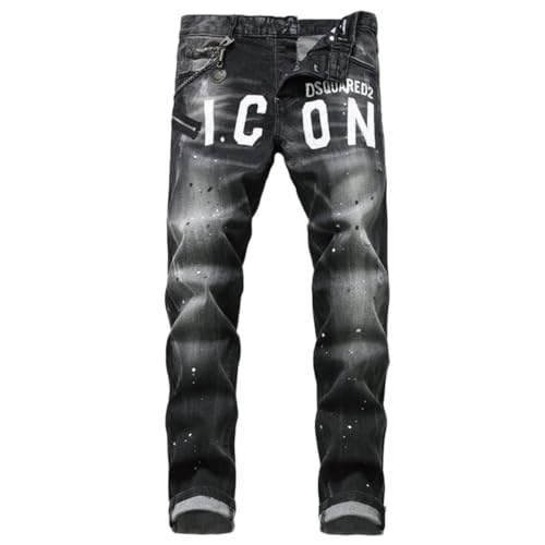 M&Catree Herren Hip Hop Ripped Baggy Jeanshose Zerstörte Distressed Skinny Skater Jeans Y2K Denim-Hose - Schwarz Grau 31
