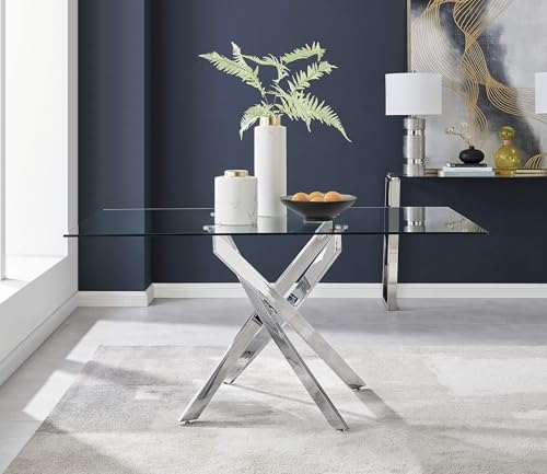 Furniturebox UK Glass Dining Table - Leonardo 6 Seater Silver Chrome Leg Rectangular Tempered Glass & Metal Modern Stylish Dining Table 150cm x 90cm