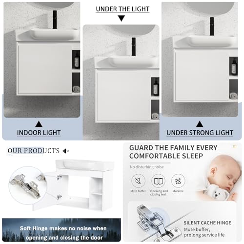 Image of 28 inch Bathroom Vanity with Ceramic Sink, Modern Wall-Mounted Bathroom Vanity with Soft-Close Door & 2 Open Storage Shelves, Farmhouse, Undermount Storage Cabinet, Easy to Clean, Glossy White
