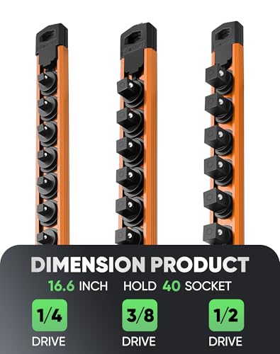 Image of ALOANES Magnetic Socket Organizer Set, 3-Piece Heavy Duty Aluminum Socket Rails, 360 Swivel Clips Socket Rail Kit for Tool Tray Drawer Fit 1 /2, 3 /8, 1 /4-Inch x 40 Clips (Orange, 3PC)