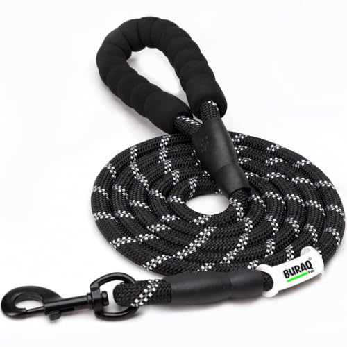 Image of Buraq Heavy Duty 5FT Dog Leash, Anti Slip Padded Handle, Highly Reflective Dog Rope & 360 Swivel Hook, Strong Leash for Dogs Walking & Training (Black, 5 Feet Long)