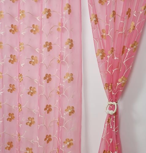 Image of Homefab India Embroidery Floral Net Transparent Sheer Curtain - 9X4 Feet, Long Door Curtains, Pink, Pack of 1 Pc