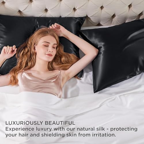Image of Satin Pillow Covers Set of 2 with 3 Random Satin Hair Scrunchies - Soft, Silky & Gentle Pillowcases for Hair & Skin Care (Black)
