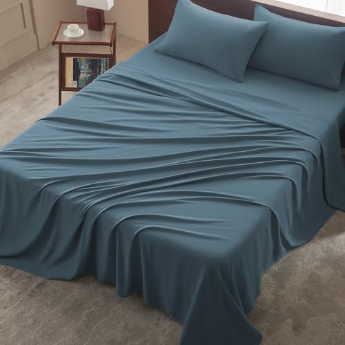 Image of Cal King 4 Piece Sheet Set - Comfy Breathable & Cooling Bed Sheets Set, Soft and Wrinkle Free, Deep Pockets, Easy & Secure Fit, Hotel Luxury Bedding - Oeko-Tex - Denim Blue