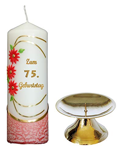 Auswahl * Jubiläumskerze/Geburtstagskerze ''Zum 75. Geburtstag'' * rot * mit farbigen Wachsauflagen * inkl. Kerzenständer aus Messing * (Motiv 021) Auswahl Motiv + Farbe Cover