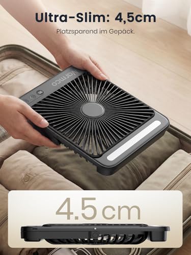 Warmco 20000mAh Akku Camping Ventilator 27cm mit Lampe, 15-48 Std. Laufzeit, Ultra-Leise, Ultraflach, Display, Haken, USB Tischventilator für Zelt, Outdoor, Reisen, Büro, Wohnmobil, Schlafzimmer