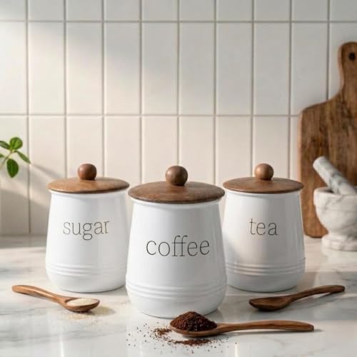 Image of Stylish Airtight Container for Kitchen, Tea Coffee Sugar Storage, White, Metal with Wooden Lid & Spoon, 1000ml, Canister for Kitchen Counter top | Food-Safe Jar Set of 3 (Tea coffee & Sugar)