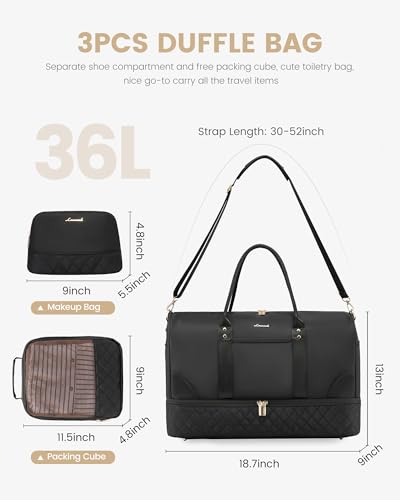 Foto de LOVEVOOK Bolsa de fin de semana para mujer, bolsa de lona de viaje, bolsa de mano para la noche, bolsa de lona para gimnasio y yoga, Negro -, Viajes (imagen 3)