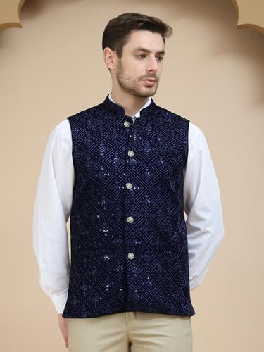 Image of Men's Sequins Velvet Nehru Jacket (Navy Blue, XL)