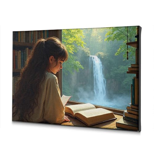 Toile fille lisant fenêtre cascade tableau sérénité intérieur 40x60cm