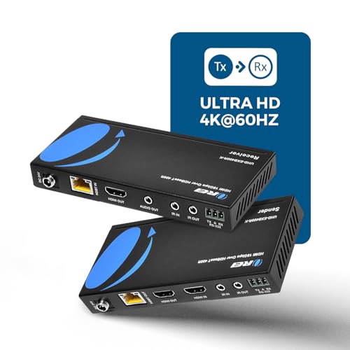 OREI 4K HDMI over Ethernet Extender Balun - HDBaseT UltraHD 4K @ 60Hz 4:4:4 CAT5e/6/7 Cable with HDR, CEC & IR Control, RS-232 Up to 400 Ft Loop Out POC Audio Out (UHD-EXB400R-K)