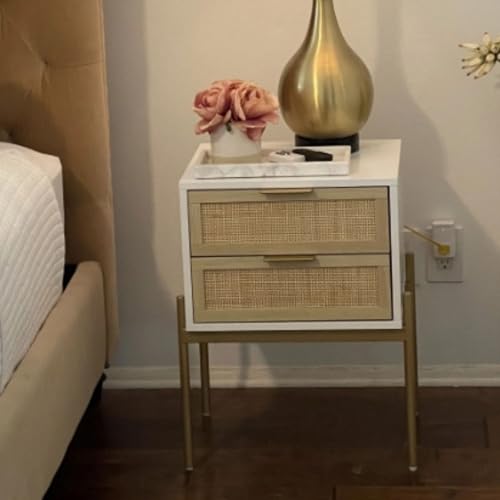 Andrew End, Bedside or Side Table in Matte White Finish with Two Natural Rattan Drawers Doors for Storage and Brass Gold Accents for Living Room or Bedroom, White/Cane/Gold - Image 5