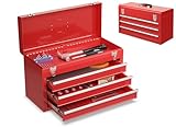 Goplus Tool Chest 20-Inch Portable Tool Box Steel Cabinet w/ 3 Drawers and Top tray, Red