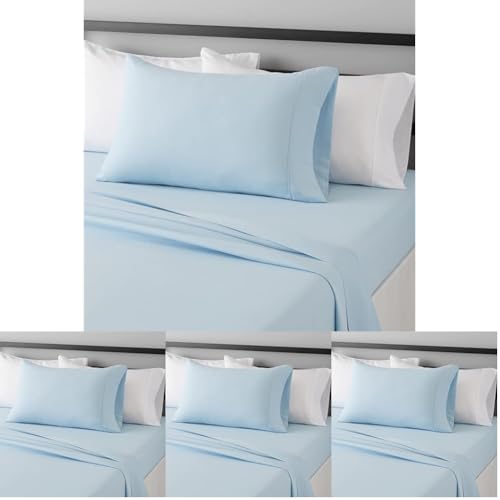 Image of Amazon Basics Lightweight Super Soft Easy Care Wrinkle Free Microfiber 3 Piece Bed Sheet Set with 14-Inch Deep Pockets, Twin, Light Blue, Solid, Kids, Men & Women Bedding (Pack of 4)